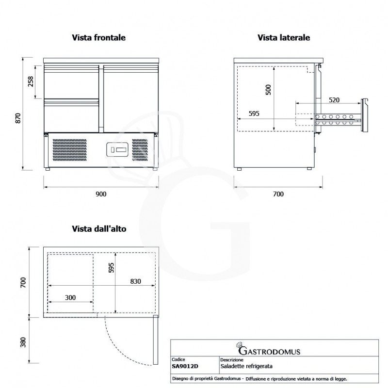 Mesa fría refrigerada 2 cajones, 1 puerta, temperatura +2 °C/+8 °C, encimera en acero inoxidable