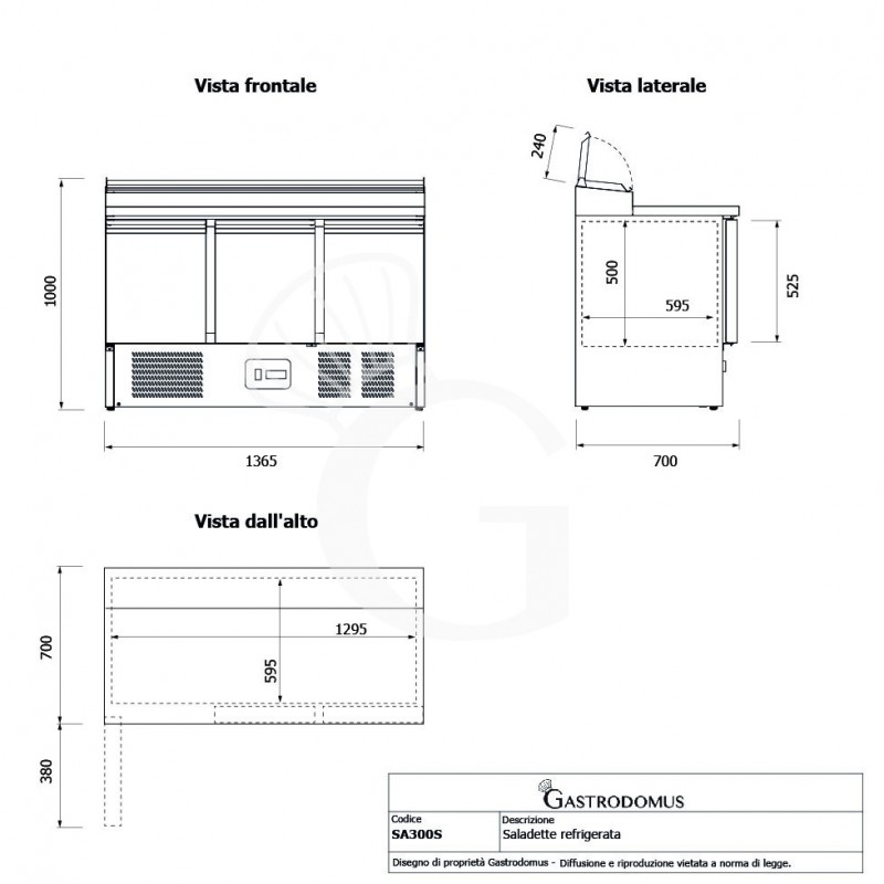 Mesa fría para ensaladas 3 Puertas, Temperatura +2°C/+8°C, tapa de acero inoxidable