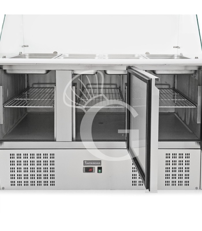 Mesa fría para ensaladas GN1/1, para 4 cubetas con 3 puertas y vitrina