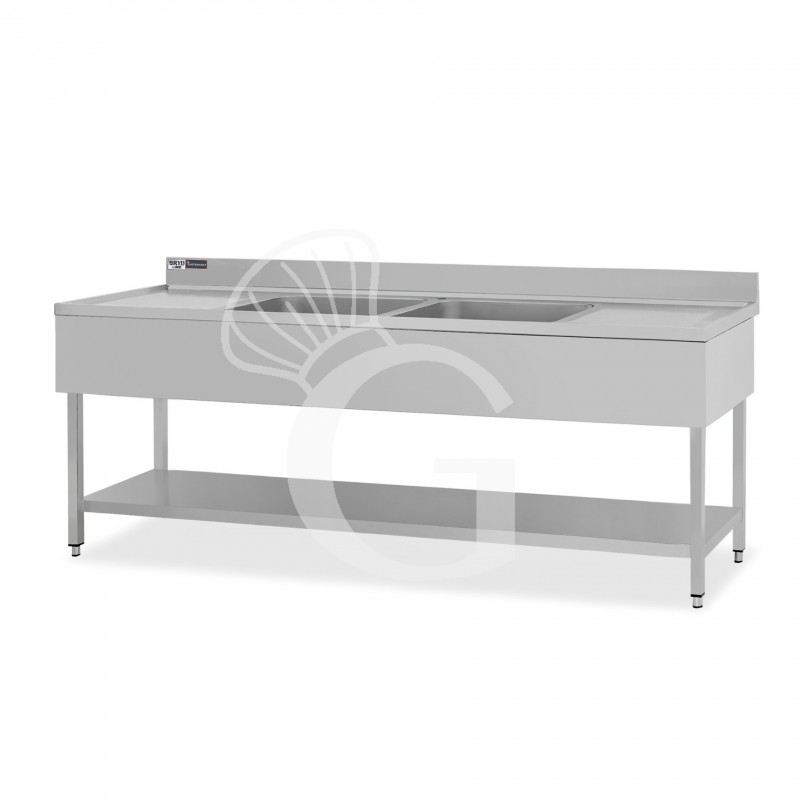 Fregadero inox con 2 cubetas y 2 escurridores, estante, peto L2000mmxP600mmxA965mm- con agujero para el grifo Ø 32 mm
