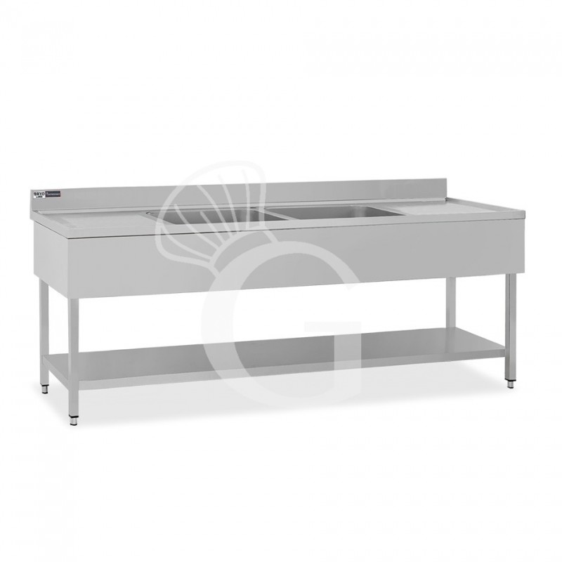 Fregadero inox con 2 cubetas y 2 escurridores, estante, peto L2000mmxP600mmxA965mm- con agujero para el grifo Ø 32 mm