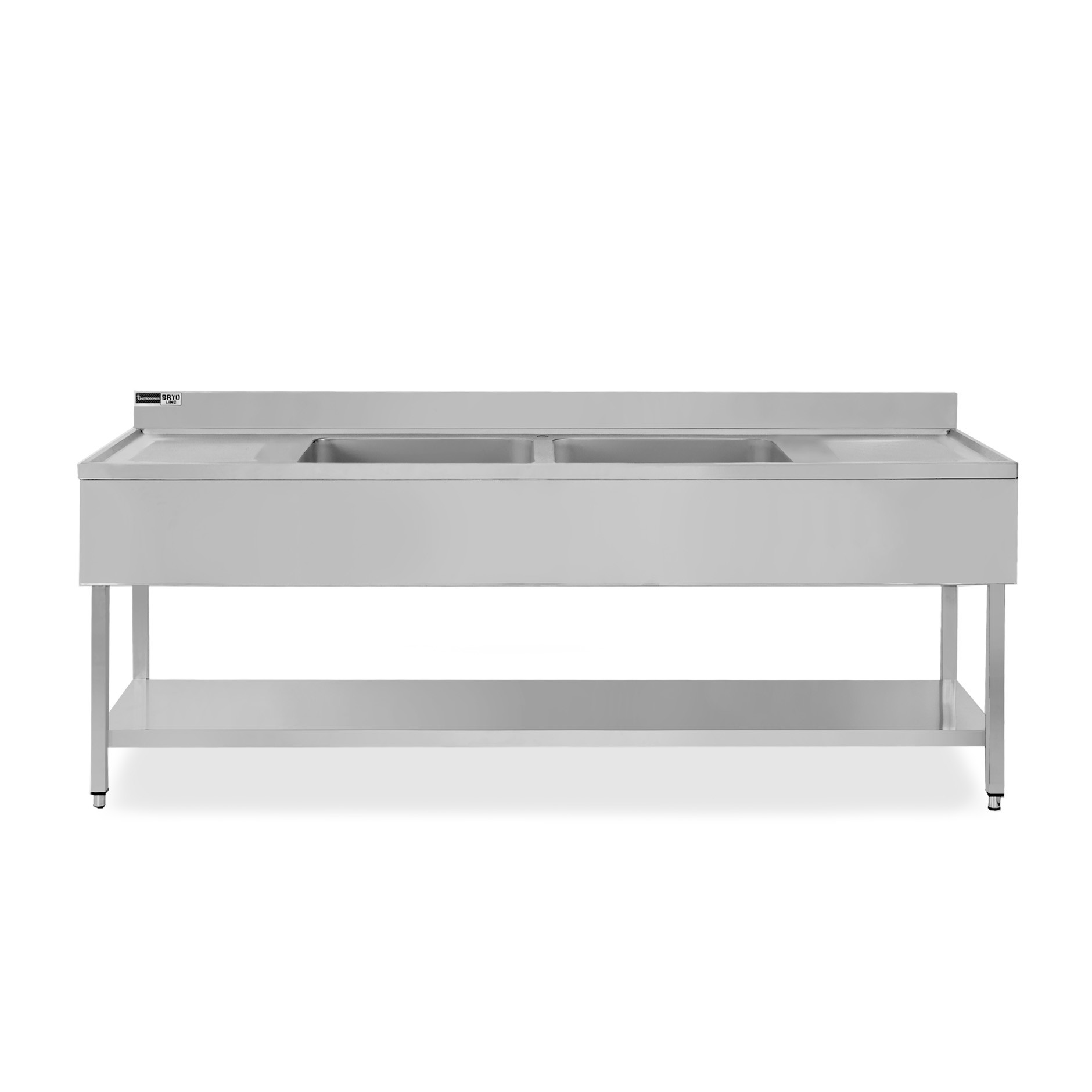 Fregadero inox con 2 cubetas y 2 escurridores, estante, peto L2000mmxP600mmxA965mm- con agujero para el grifo Ø 32 mm