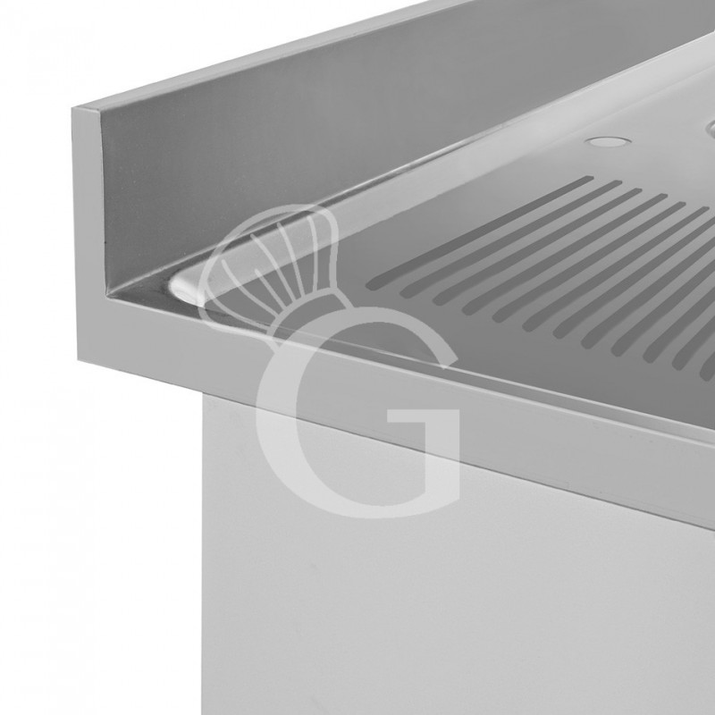 Fregadero inox con 2 cubetas y 2 escurridores, estante, peto L2000mmxP600mmxA965mm- con agujero para el grifo Ø 32 mm