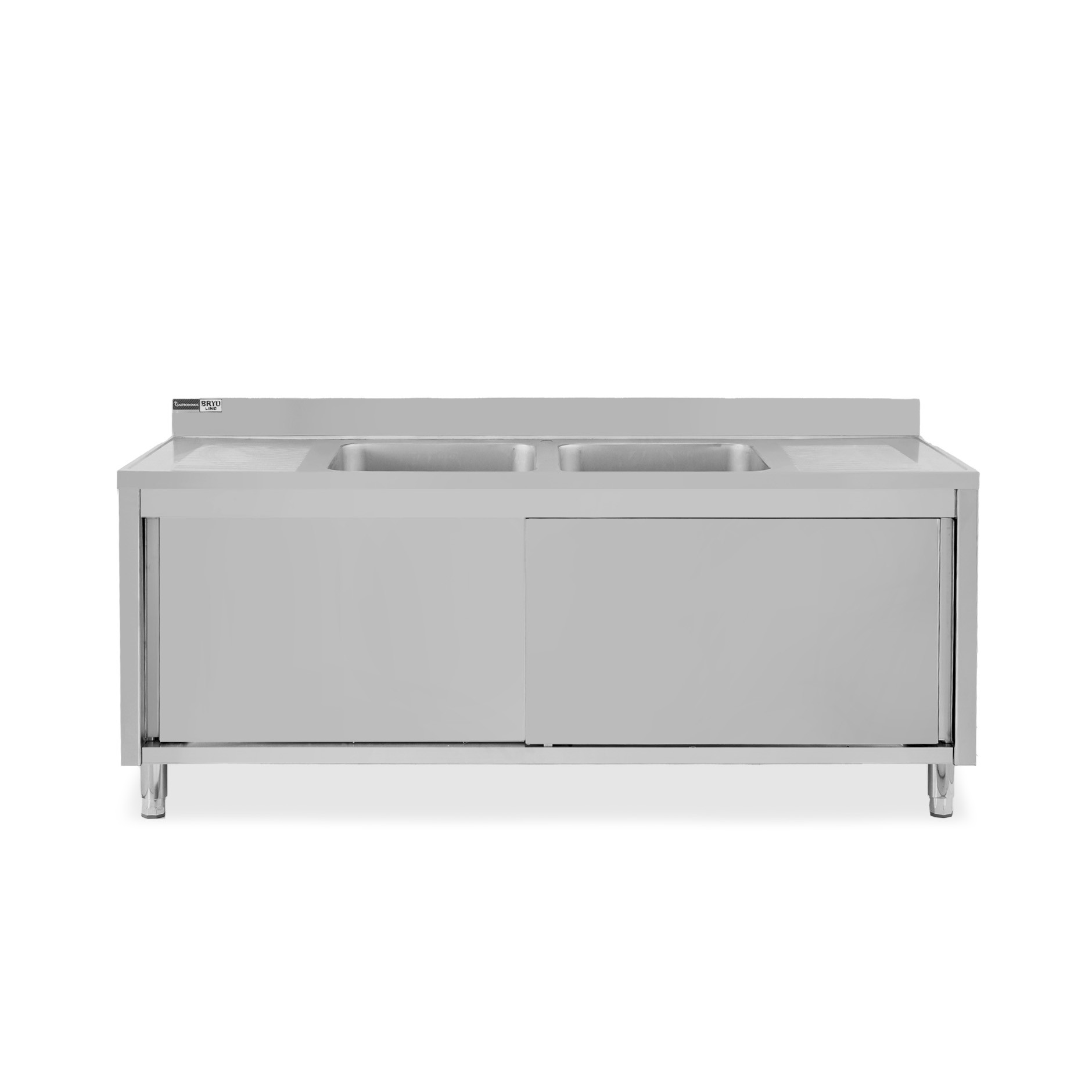 Fregadero con mueble 2 puertas correderas, 2 cubetas, 2 escurridores y peto L2000mmxP600mmxA965mm agujero grifo Ø 32mm