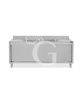 Fregadero con mueble de acero inoxidable con 2 puertas correderas, 2 cubetas, 2 escurridores y peto L2000mmxP700mmxA950mm