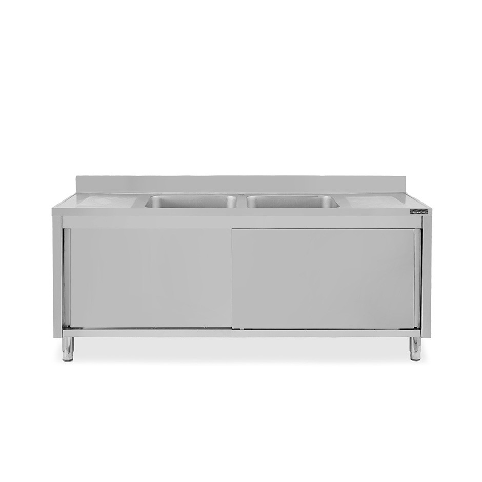 Fregadero con mueble inox 2 puertas correderas, 2 cubetas, 2 escurridores y peto L1800mmxP600mmxA950mm