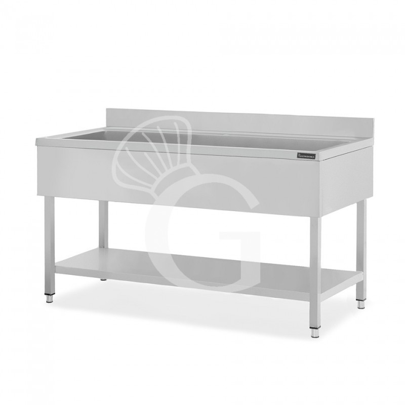 Fregadero para ollas de acero inoxidable con 1 estante, peto trasero, 1 cuba L 2000 mm x P 700 mm x A 950 mm