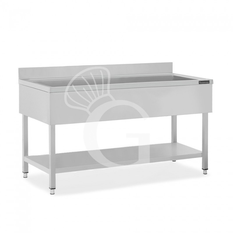 Fregadero para ollas de acero inoxidable con 1 estante, peto trasero, 1 cuba L 2000 mm x P 700 mm x A 950 mm