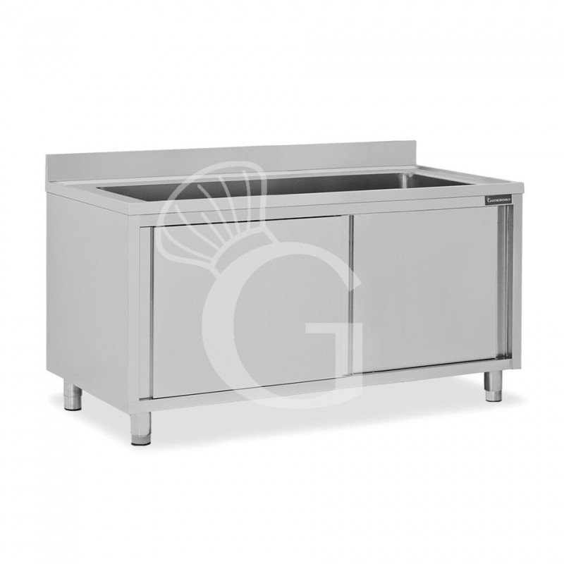 Fregadero para ollas con mueble inox 2 puertas correderas, peto, 1 cuba L 2000 mm x P 600 mm x A 950 mm