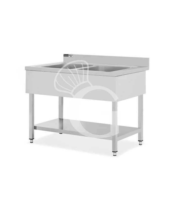Fregadero de acero inoxidable con 1 estante, peto, 2 cubetas L 1000 mm x P 600 mm x A 965 mm -con agujero para el grifo Ø 32 mm