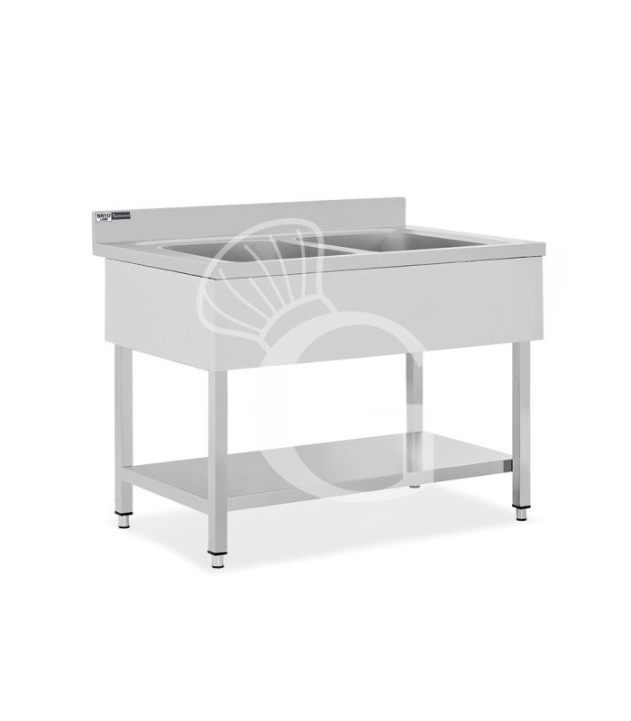 Fregadero de acero inoxidable con 1 estante, peto, 2 cubetas L 1000 mm x P 600 mm x A 965 mm -con agujero para el grifo Ø 32 mm