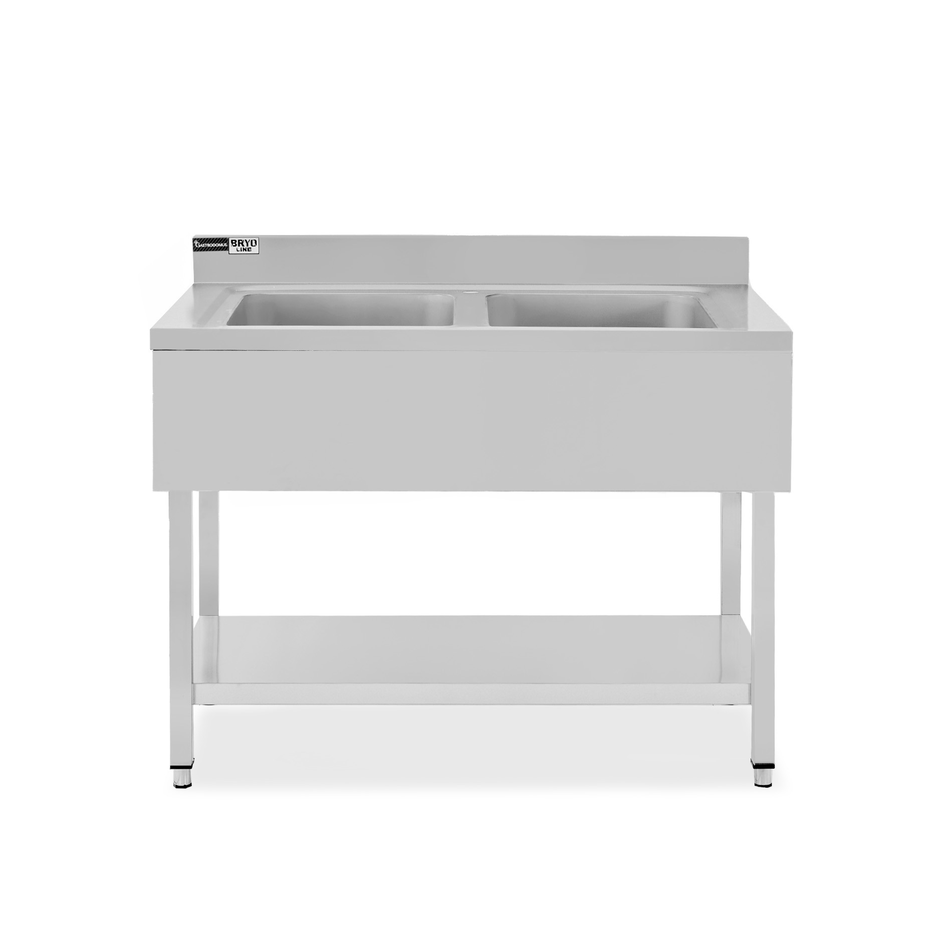 Fregadero inox con 2 cubetas, estante, peto L 1000 mm x P 700 mm x A 965 mm- con agujero para el grifo Ø 32 mm