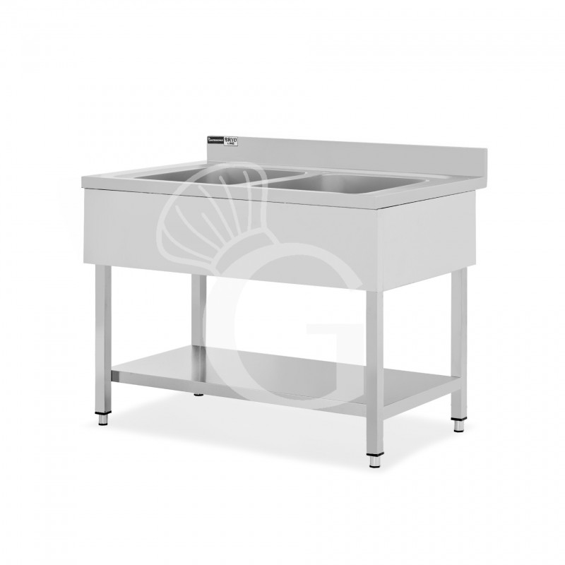 Fregadero inox 1 estante, peto trasero, 2 cubas, L1100mmxP700mmxA965mm-agujero para el grifo Ø 32 mm