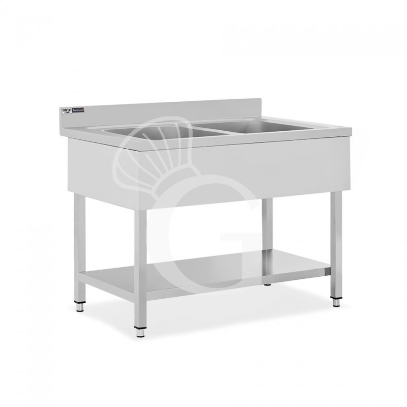 Fregadero inox 1 estante, peto trasero, 2 cubas, L1100mmxP700mmxA965mm-agujero para el grifo Ø 32 mm