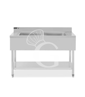 Fregadero inox con 2 cubetas, estante, peto L 1200 mm x P 700 mm x A 965 mm- con agujero para el grifo Ø 32 mm