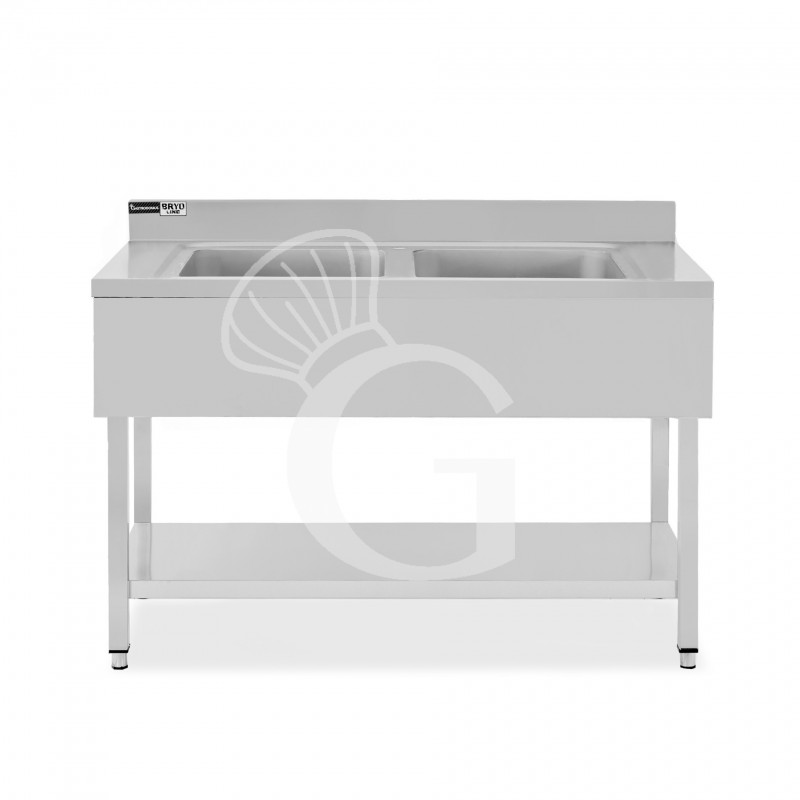 Fregadero inox con 2 cubetas, estante, peto L1300mmxP700mmxA965mm-agujero para el grifo Ø 32 mm