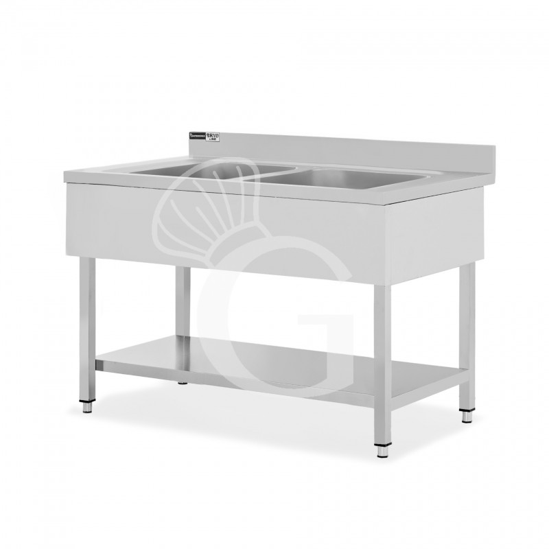 Fregadero inox con 2 cubetas, estante, peto L1300mmxP700mmxA965mm-agujero para el grifo Ø 32 mm