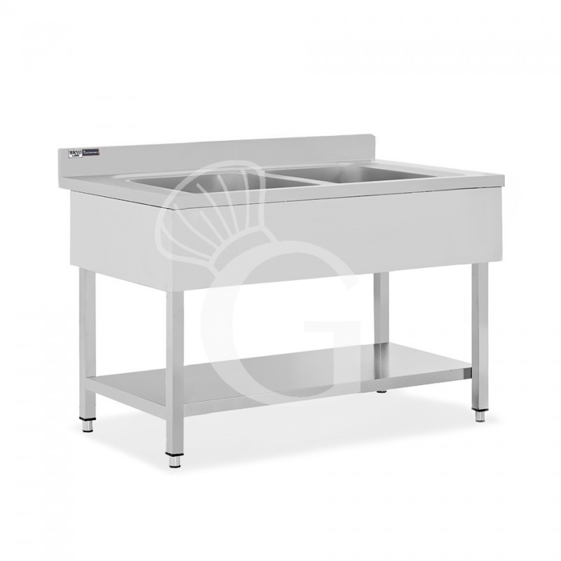 Fregadero inox con 2 cubetas, estante, peto L1300mmxP700mmxA965mm-agujero para el grifo Ø 32 mm