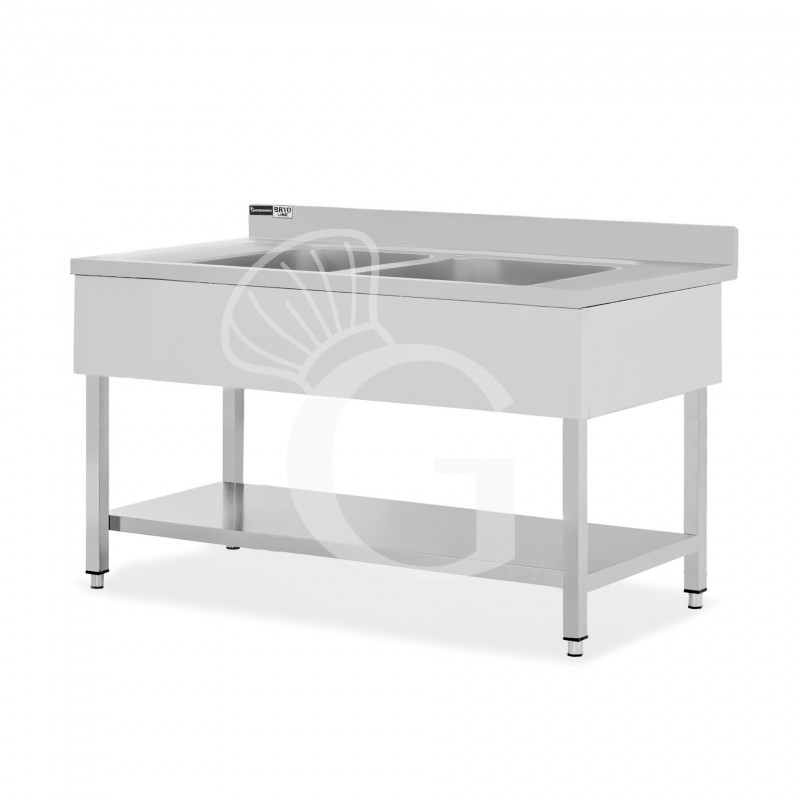 Fregadero de acero inox 1 estante, peto, 2 cubas L1400mmxP600mmxA965mm-agujero para el grifo Ø 32 mm