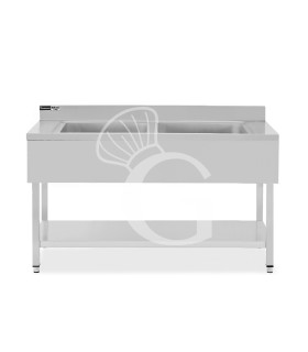 Fregadero inox con 2 cubetas, estante, peto L 1400 mm x P 700 mm x A 965 mm- con agujero para el grifo Ø 32 mm