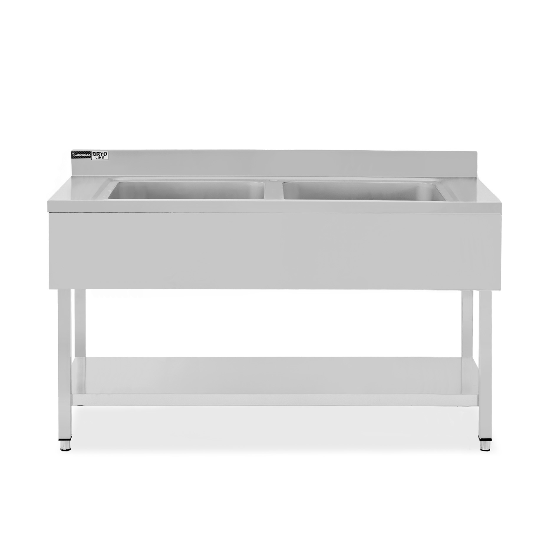 Fregadero inox con 2 cubetas, estante, peto L 1400 mm x P 700 mm x A 965 mm- con agujero para el grifo Ø 32 mm