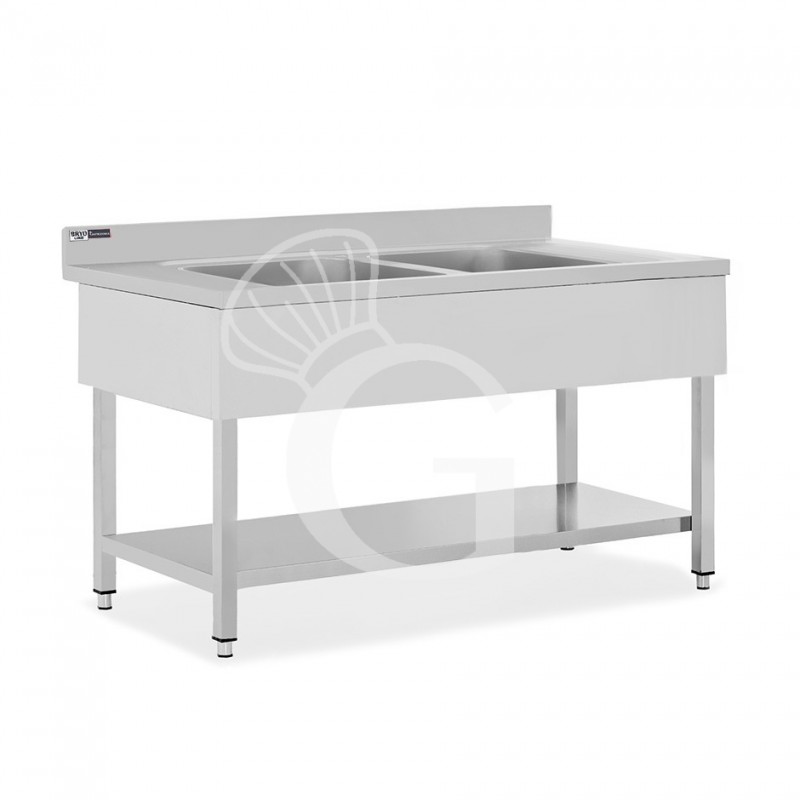 Fregadero inox con 2 cubetas, estante, peto L 1400 mm x P 700 mm x A 965 mm- con agujero para el grifo Ø 32 mm