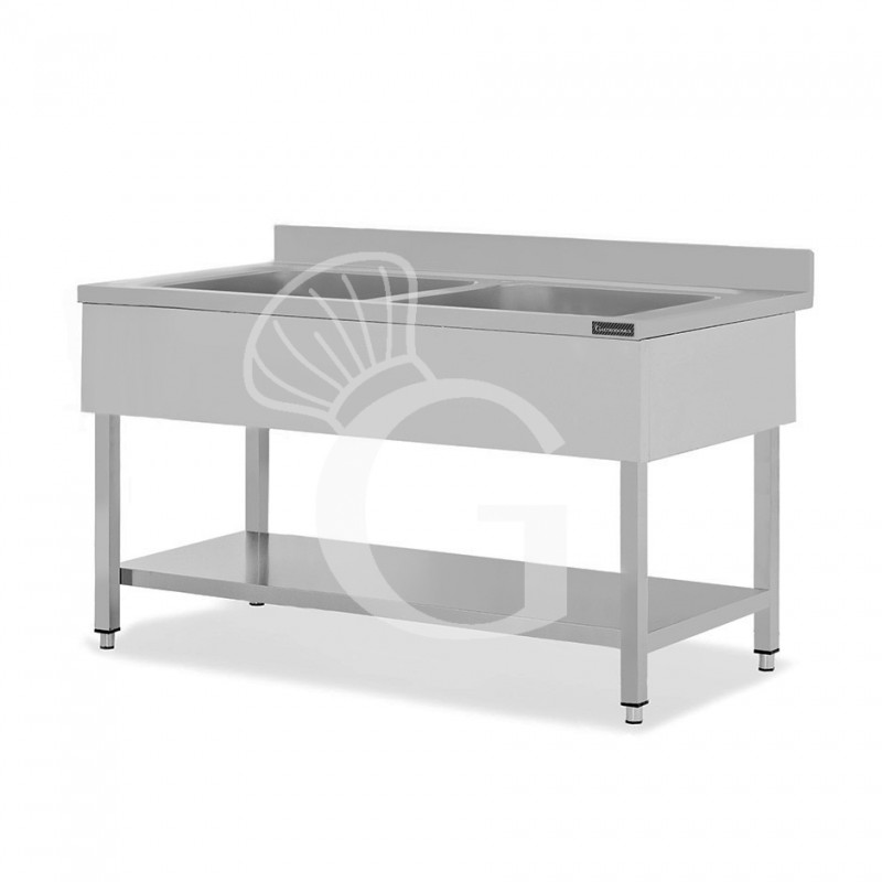 Fregadero de acero inoxidable con 1 estante, peto, 2 cubas L 1600 mm x P 700 mm x A 950 mm