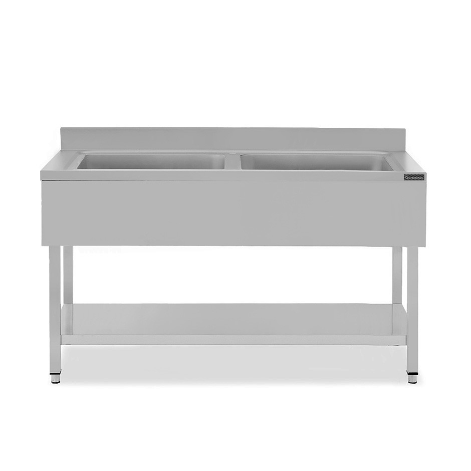 Fregadero de acero inoxidable con 1 estante, peto, 2 cubas L 1600 mm x P 700 mm x A 950 mm