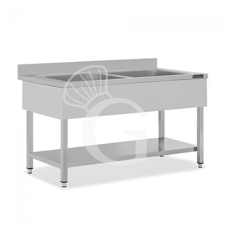 Fregadero de acero inoxidable con 1 estante, peto, 2 cubas L 1600 mm x P 700 mm x A 950 mm