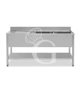 Fregadero inox 1 estante, peto, 2 cubas, escurridor a la izquierda L2000mmxP600mmxA965mm-agujero para el grifo Ø 32 mm