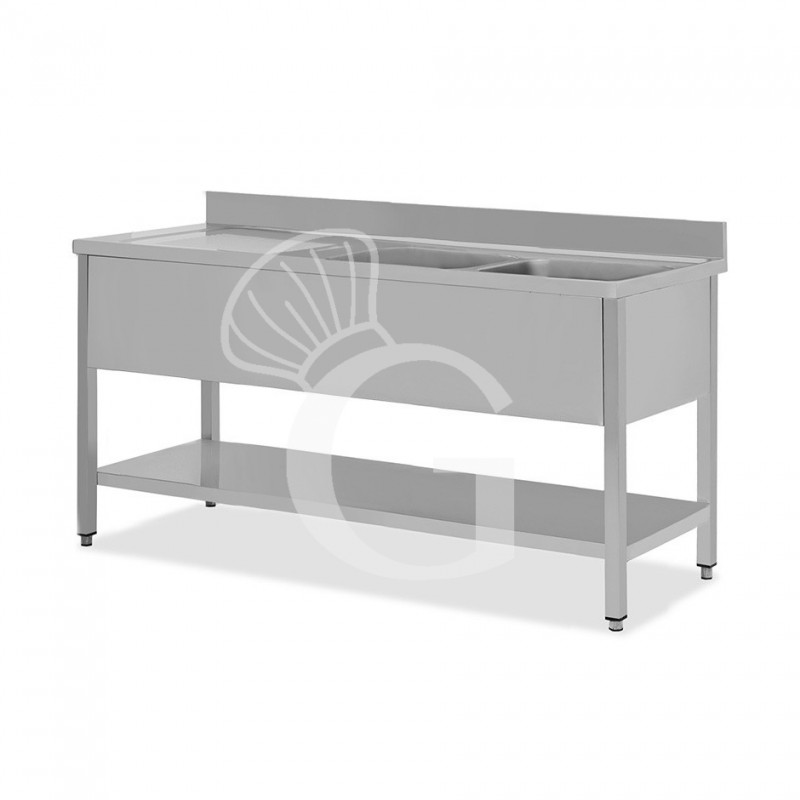 Fregadero inox 1 estante, peto trasero, 2 cubas, escurridor a la izquierda, L2000mmxP700mmxA965mm-agujero para el grifo Ø 32 mm