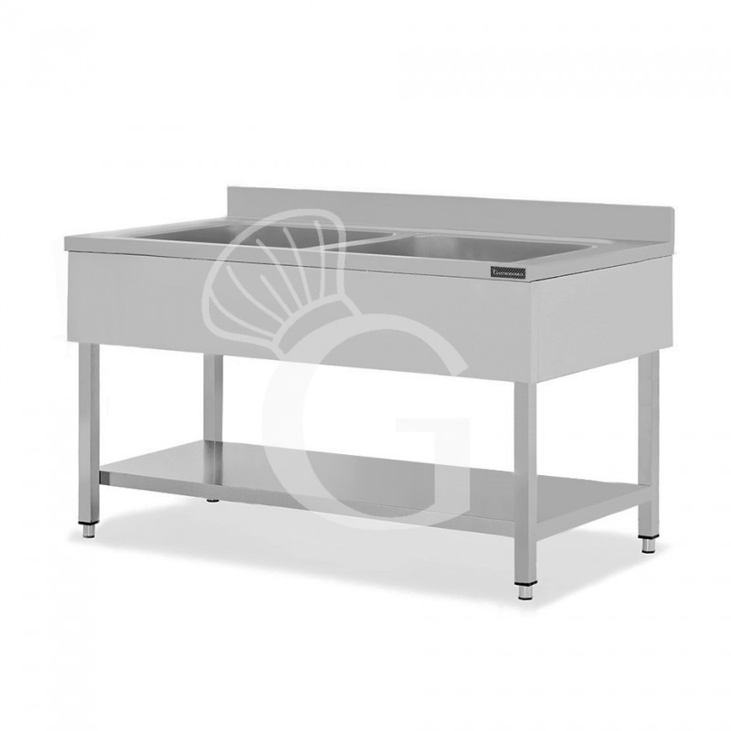 Fregadero de acero inoxidable con 1 estante, peto, 2 cubas L 1800 mm x P 700 mm x A 950 mm