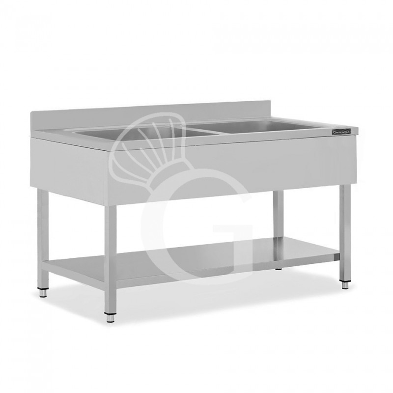 Fregadero de acero inoxidable con 1 estante, peto, 2 cubas L 1800 mm x P 700 mm x A 950 mm