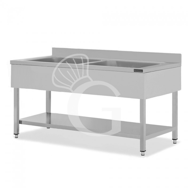 Fregadero de acero inoxidable con 1 estante, peto, 2 cubetas L 2000 mm x P 600 mm x A 950 mm