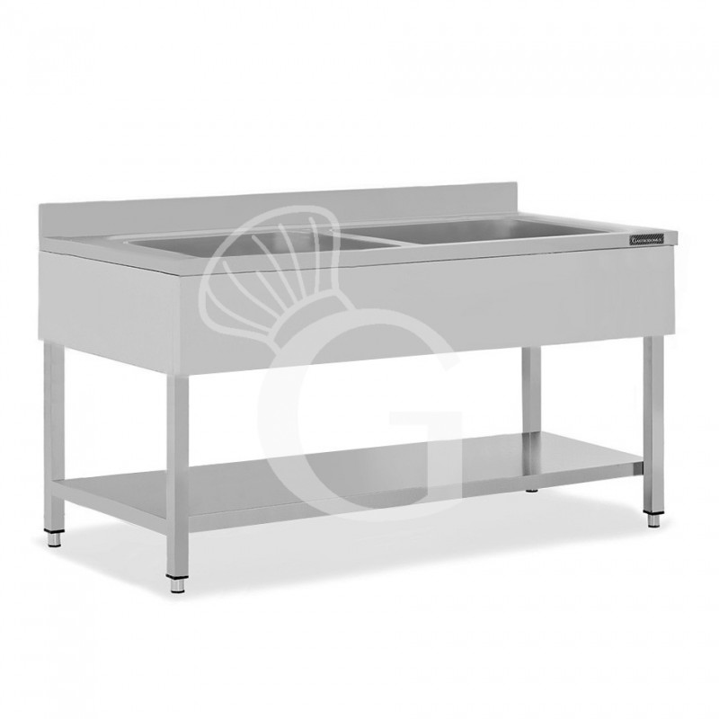 Fregadero de acero inoxidable con 1 estante, peto, 2 cubas L 2000 mm x P 700 mm x A 950 mm