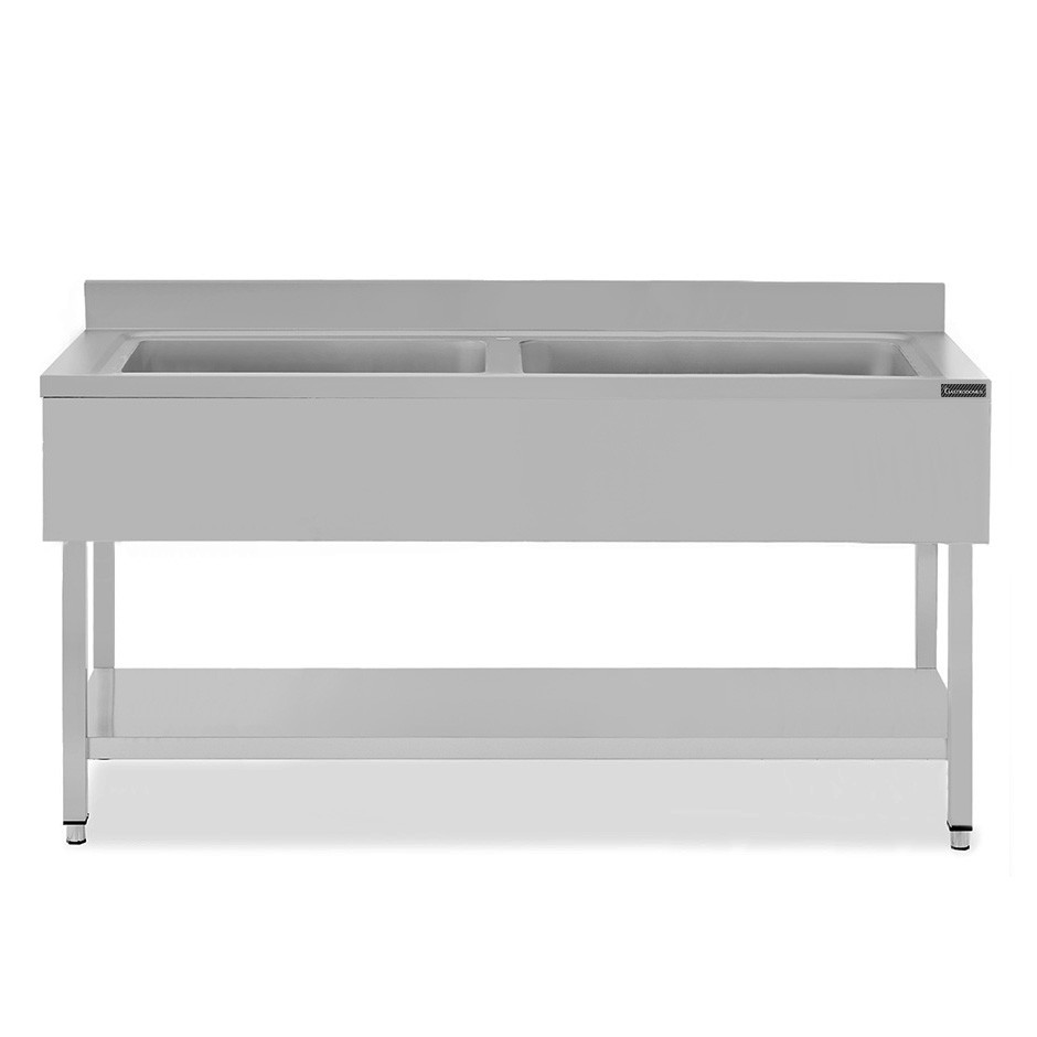 Fregadero de acero inoxidable con 1 estante, peto, 2 cubas L 2000 mm x P 700 mm x A 950 mm