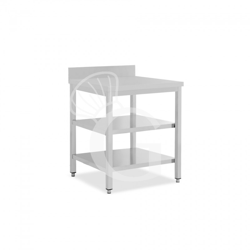 Mesa de acero inoxidable con 2 estantes y peto L 600 mm x P 700 mm x A 950 mm