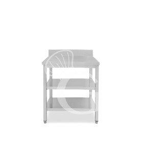 Mesa de acero inoxidable con 2 estantes y peto L 700 mm x P 700 mm x A 950 mm