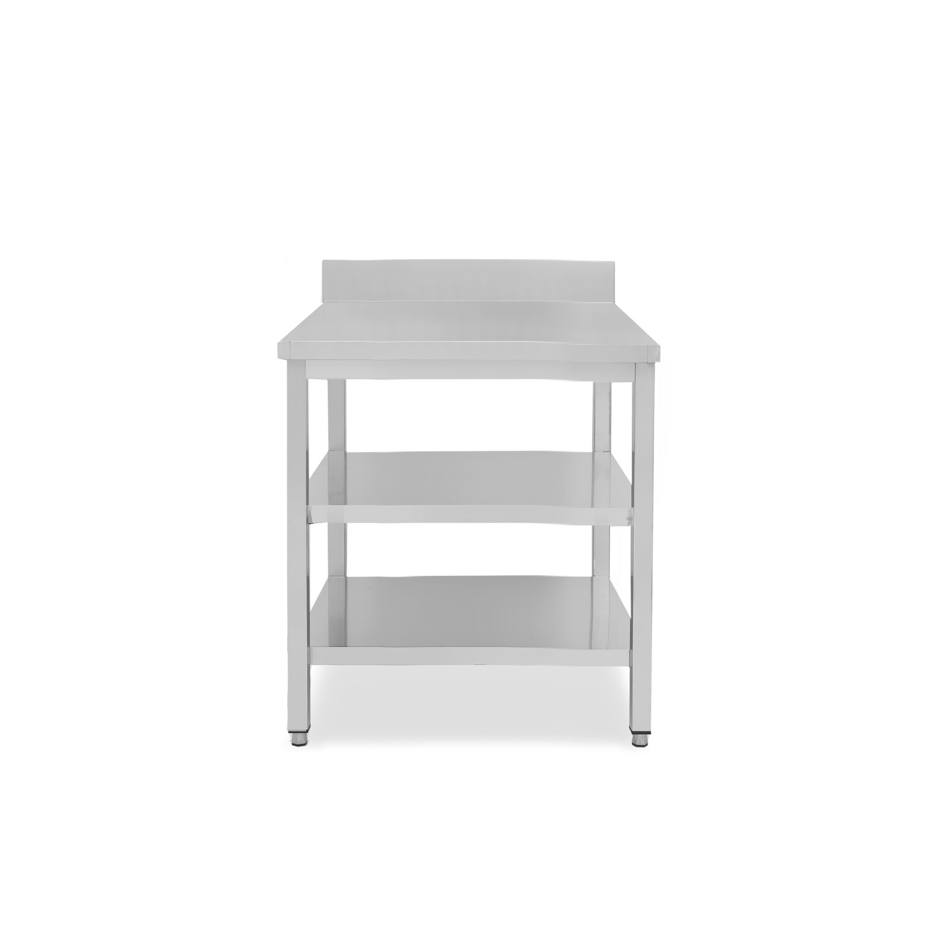 Mesa de acero inoxidable con 2 estantes y peto L 700 mm x P 700 mm x A 950 mm