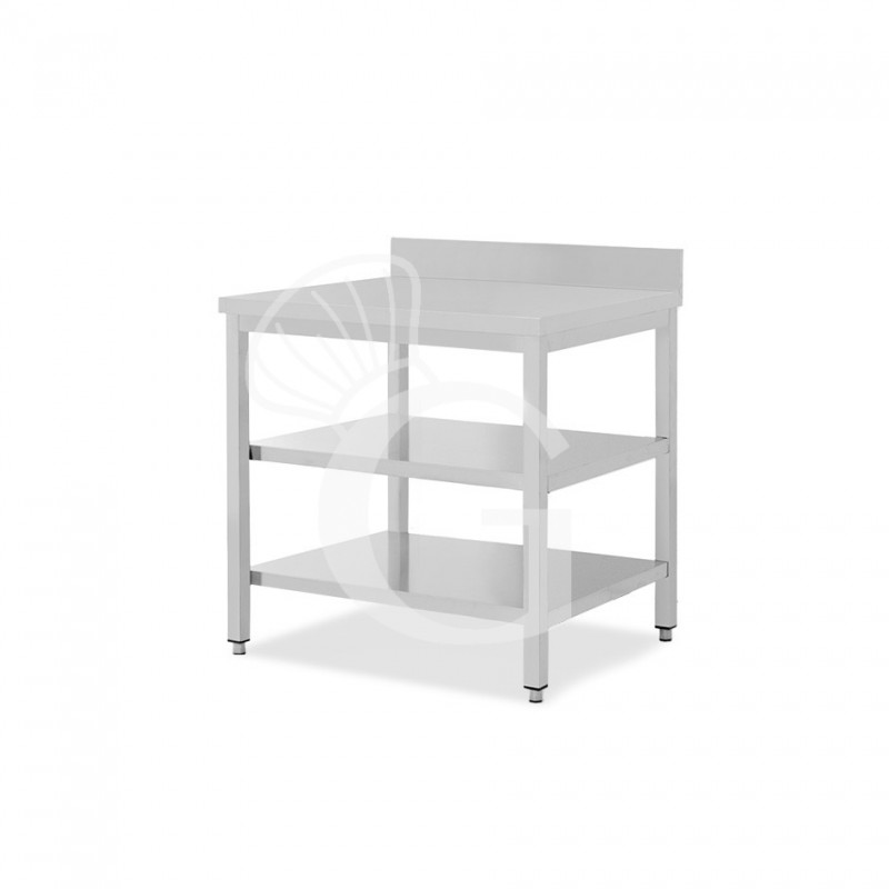 Mesa de acero inoxidable con 2 estantes y peto L 900 mm x P 700 mm x A 950 mm