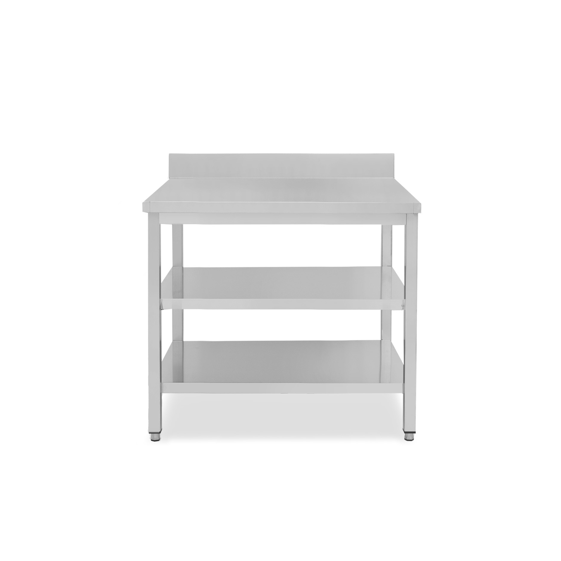 Mesa de acero inoxidable con 2 estantes y peto L 900 mm x P 700 mm x A 950 mm