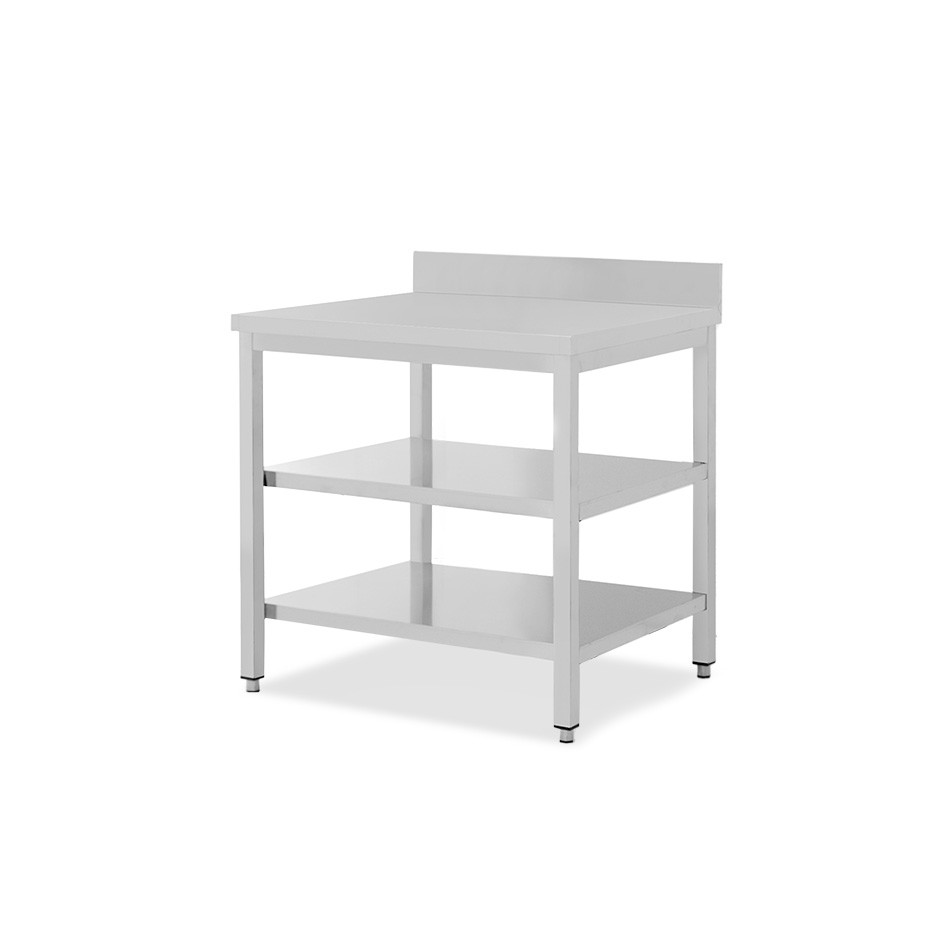 Mesa de acero inoxidable con 2 estantes y peto L 900 mm x P 800 mm x A 950 mm