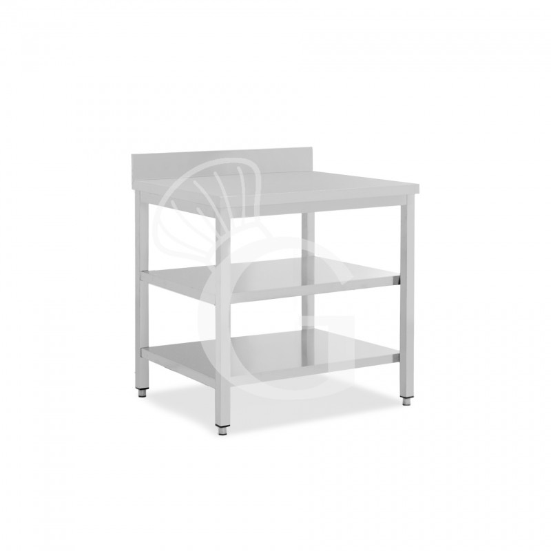 Mesa de acero inoxidable con 2 estantes y peto L 900 mm x P 800 mm x A 950 mm