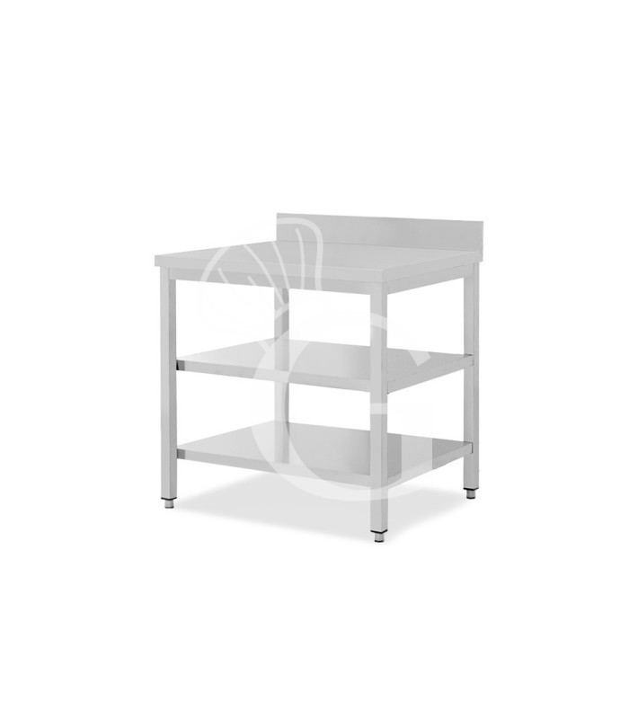 Mesa de acero inoxidable con 2 estantes y peto L 900 mm x P 600 mm x A 950 mm