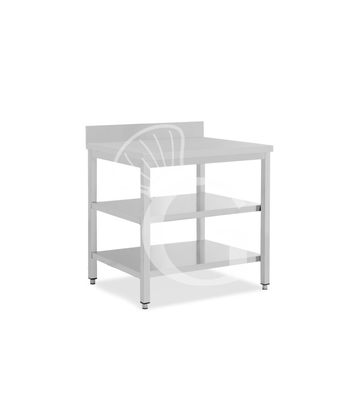 Mesa de acero inoxidable con 2 estantes y peto L 900 mm x P 600 mm x A 950 mm