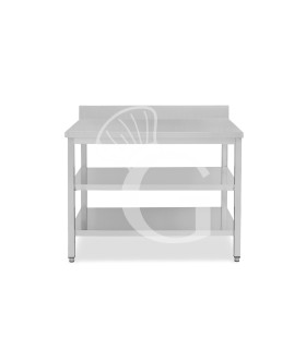 Mesa de acero inoxidable 2 estantes y peto L 1100 mm x P 800 mm x A 965 mm