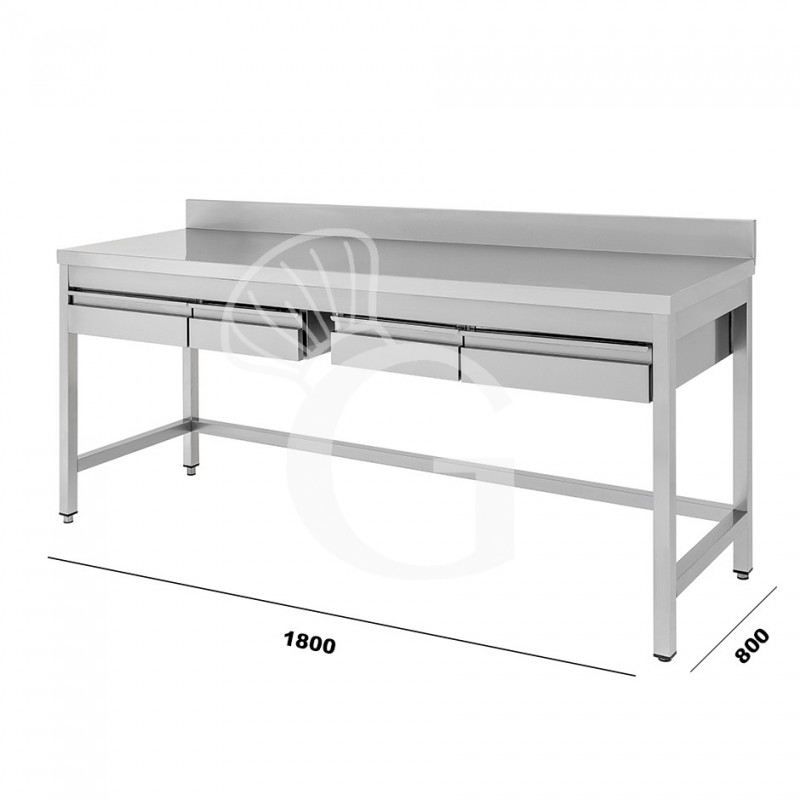 Mesa de acero inoxidable con 4 cajones y peto L 1900 mm x P 800 mm x A 965 mm