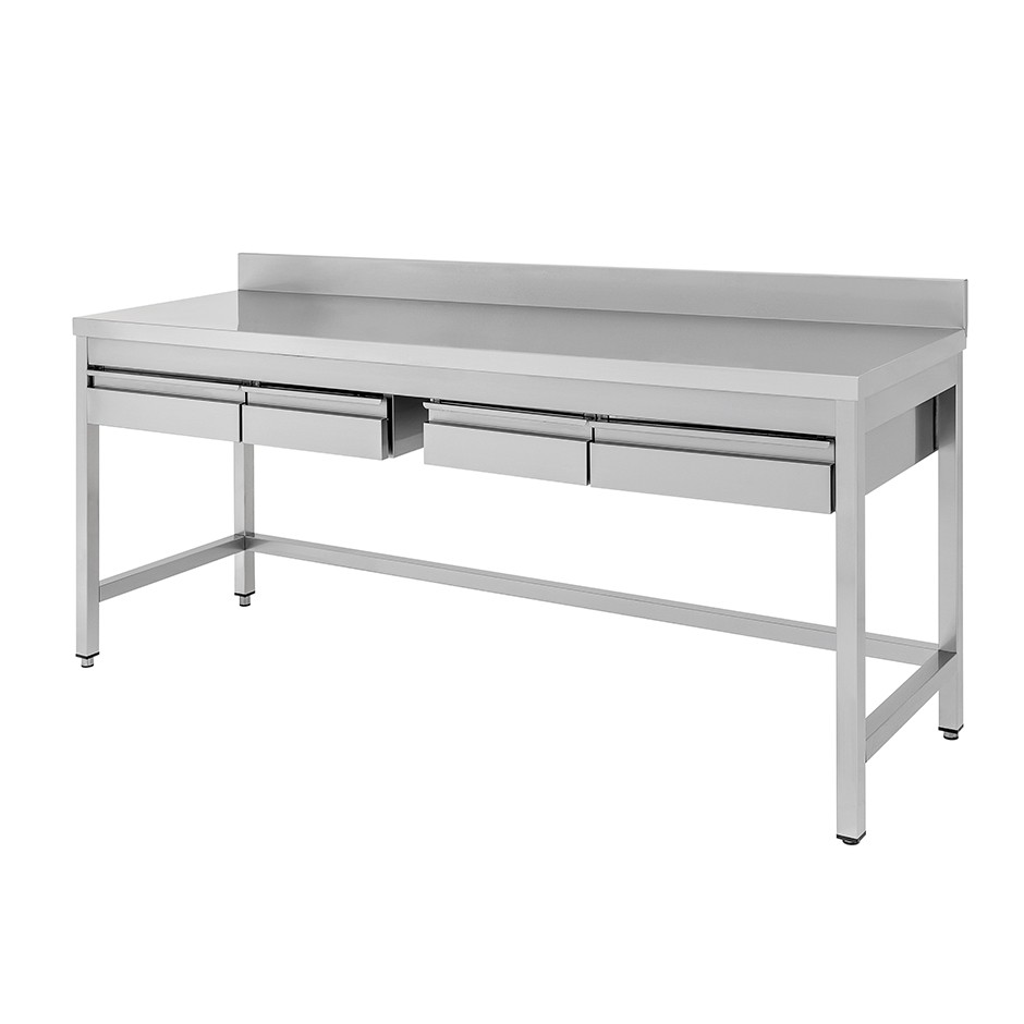 Mesa de acero inoxidable con 4 cajones y peto L 2000 mm x P 800 mm x A 965 mm