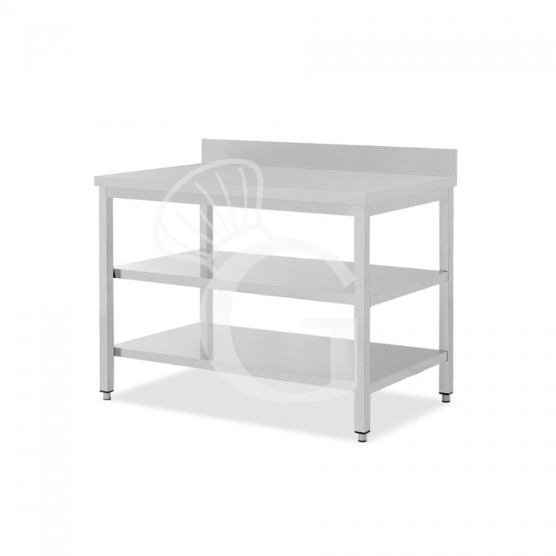 Mesa de acero inoxidable 2 estantes y peto L 1200 mm x P 800 mm x A 965 mm