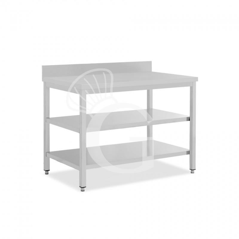 Mesa de acero inoxidable 2 estantes y peto L 1200 mm x P 800 mm x A 965 mm